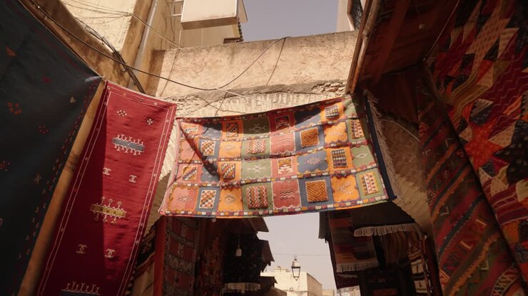 Tappeti marocchini dai colori vivaci sono appesi su uno stretto vicolo in un mercato tradizionale