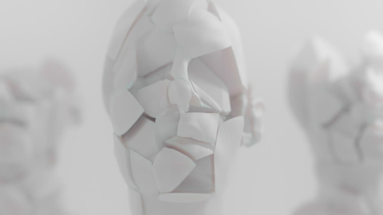 Three crushed android heads on spikes in white space