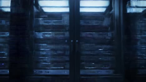 a deep dive into the heart of technology: exploring the intricate internal components of a modern data center with high-density server racks illuminated by soft blue light