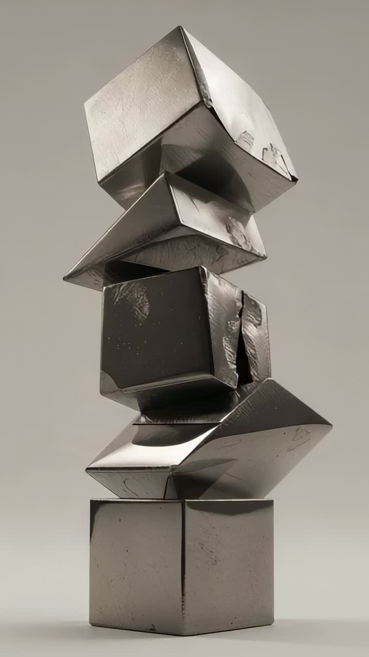 Vertical video: Tilting stack of dented dark-silver cubes wobbling after initial nudge in studio