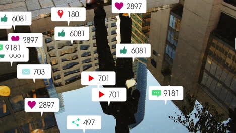 social media engagement icons animation over urban cityscape reflection in water