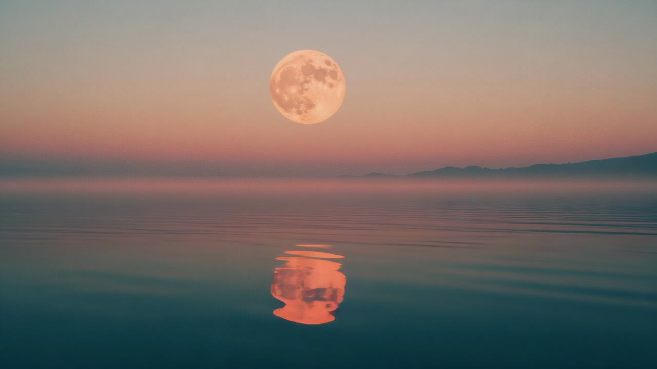 Breeze stirring calm twilight sea causing full moon reflection shifting across silhouette