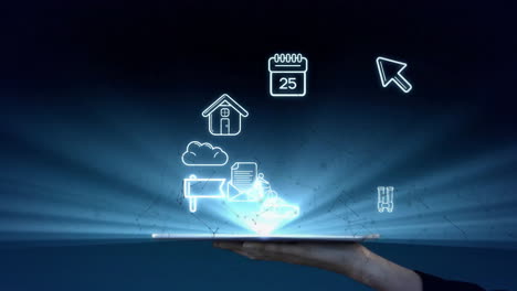 animación de iconos digitales sobre la tableta en la mano sobre fondo azul