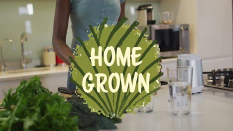 animation of home grown text and leaves over happy african american woman cooking