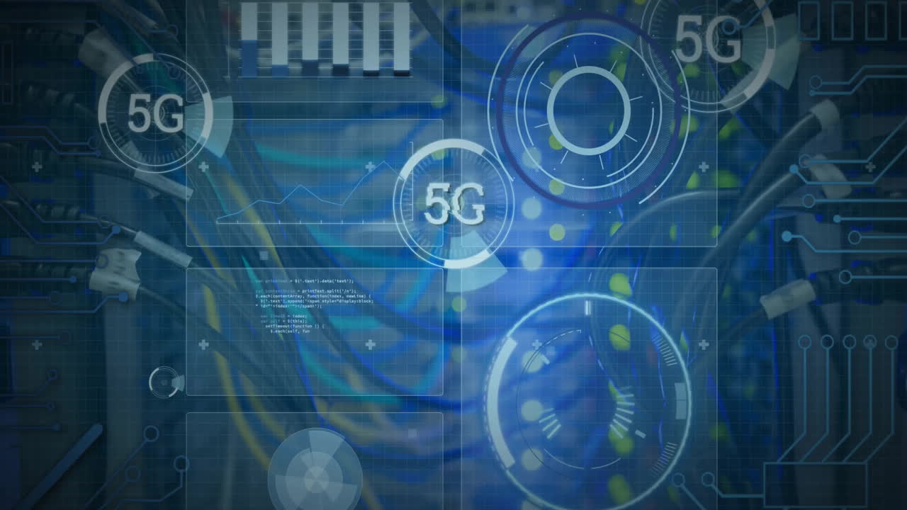 animazione di testo 5g e elaborazione di dati digitali su server informatici