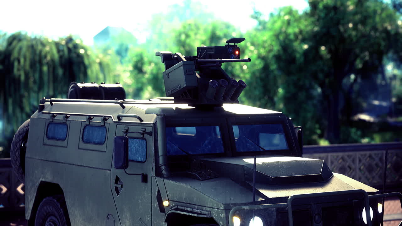 Military vehicle equipped with advanced turret rolls through urban landscape