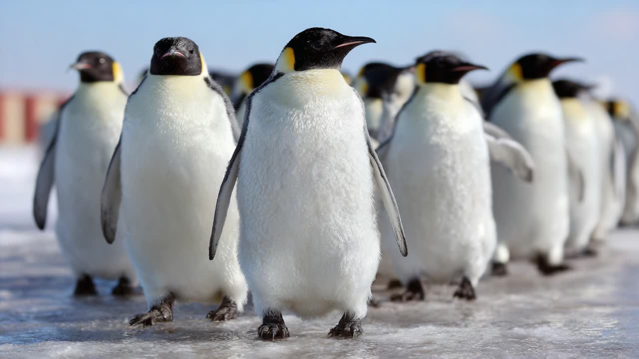 A delightful march of emperor penguins across a sparkling ice landscape, showcasing their iconic black and white plumage amidst a stunning backdrop of a clear blue sky