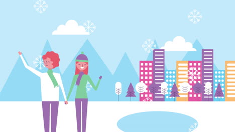 winter snowscape scene with girls and buildings