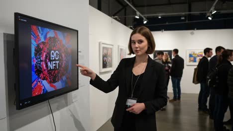 engaging exhibitor at art showcase, presenting innovative nft artwork in an engaging gallery environment with enthusiastic audience interaction