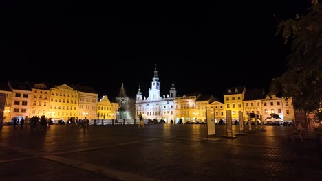 night time pan across prémysla otakara ii square in ceske budejovice, czech republic