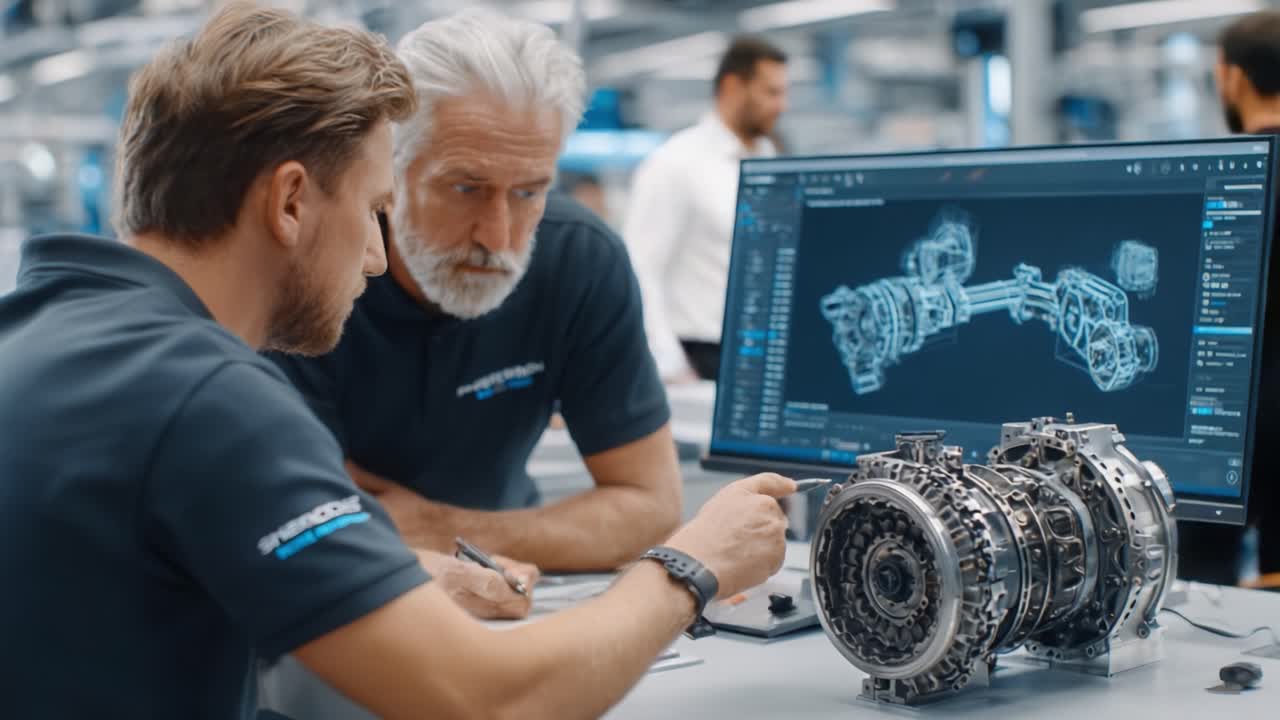 Gli ingegneri collaborano su componenti meccanici avanzati, analizzando disegni tecnici dettagliati e discutendo le specifiche in uno spazio di lavoro high-tech