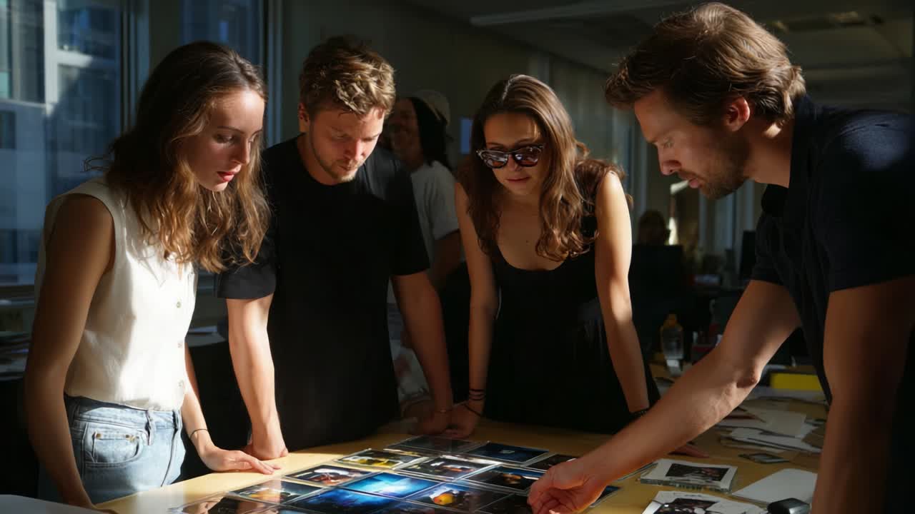 Sessione di design collaborativo: un gruppo di giovani creativi analizza immagini fotografiche e concetti in uno spazio di lavoro moderno e luminoso per stimolare idee e soluzioni innovative