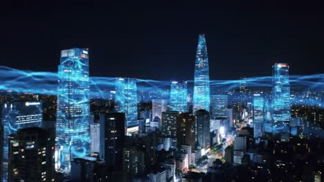 modern city at night with futuristic light projections