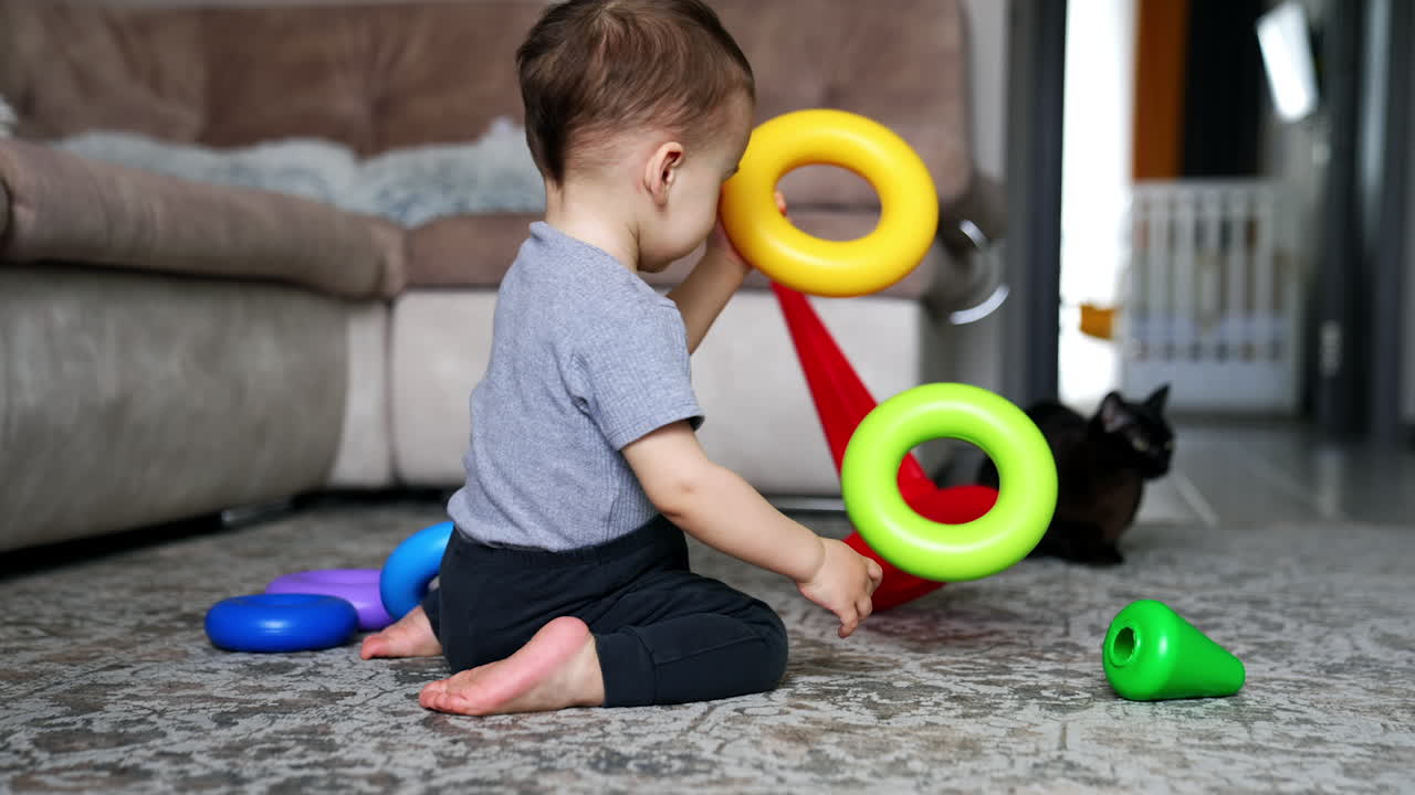 Cute little boy plays on the floor assembling the pyramid. Black cat sits at backdrop watching the baby.