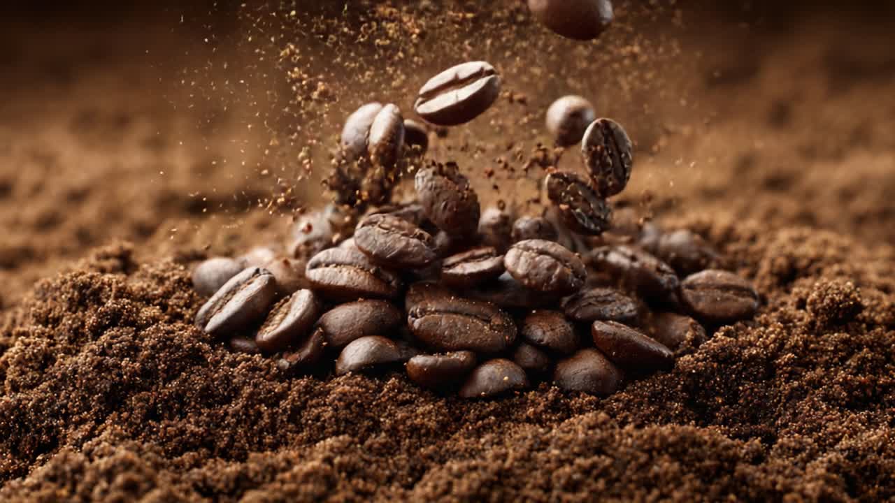 A Rich Visual Experience of Coffee Beans: Capturing the Essence of Freshly Ground Coffee with Floating Beans and Rich Aromatic Grounds in Focus