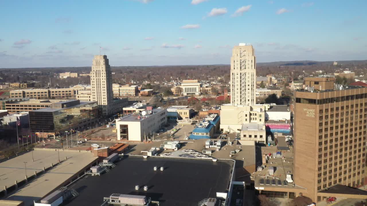 Downtown Battle Creek, Michigan skyline drone video moving sideways.