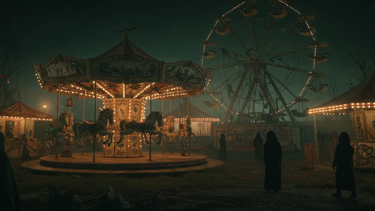 A haunting night at the abandoned carnival featuring a dimly lit carousel and a shadowy ferris wheel, evoking a sense of nostalgia and eerie beauty under the moonlight