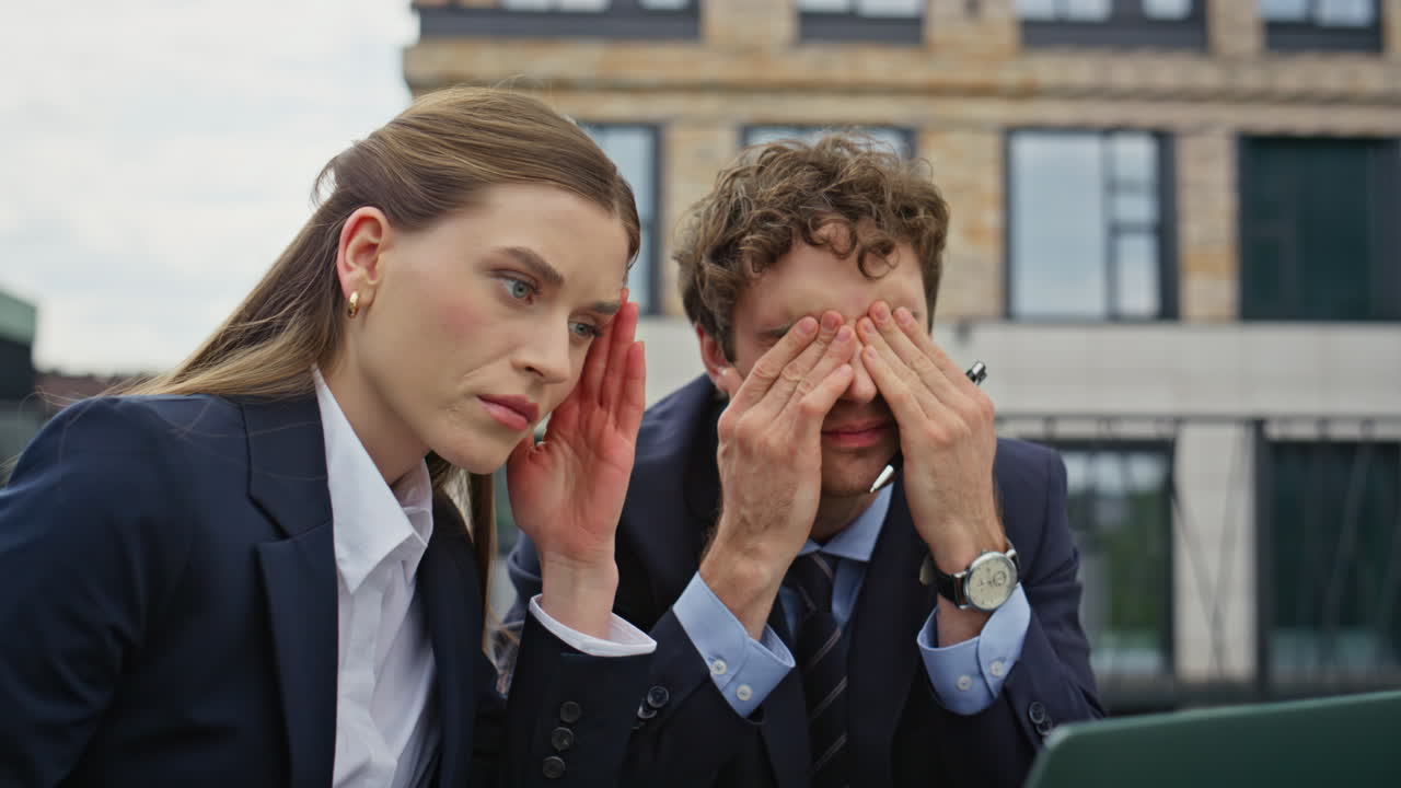 Worried coworkers looking laptop in outdoor office space closeup. Two coworkers