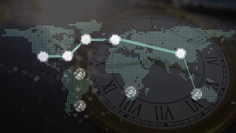 animation of world map and network of connections over clock, on dark background