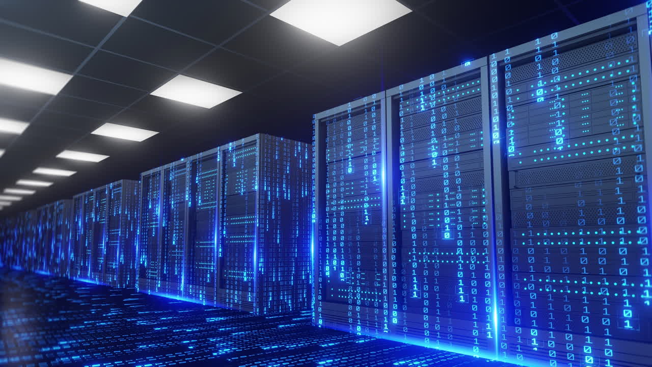 Abstract concept of artificial intelligence, big data, and network in digital server room with binary code data stream flowing over racks and floor