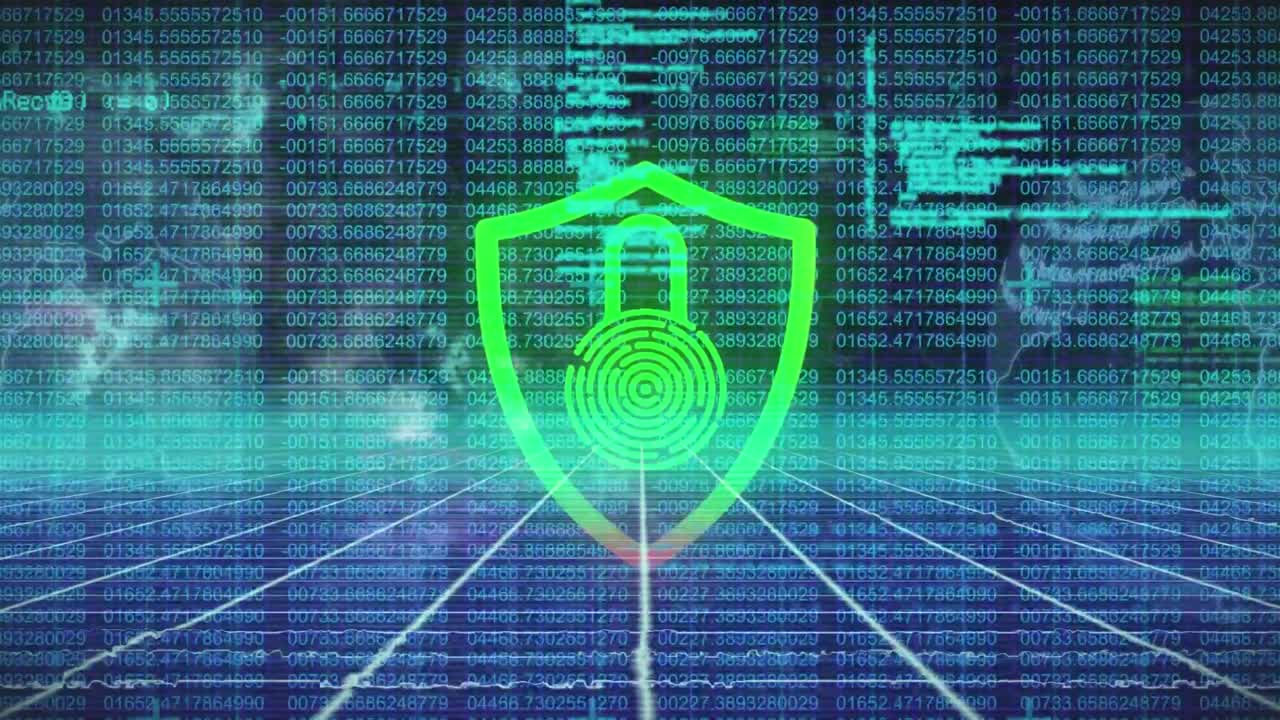 Animation of digital space with data processing and digital shield with padlock