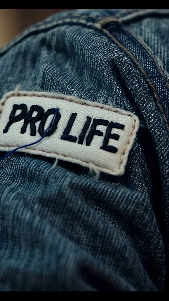 Video verticale: inquadratura con spostamento della camera e zoom sulla toppa PRO LIFE sul denim in una stanza che mostra i dettagli
