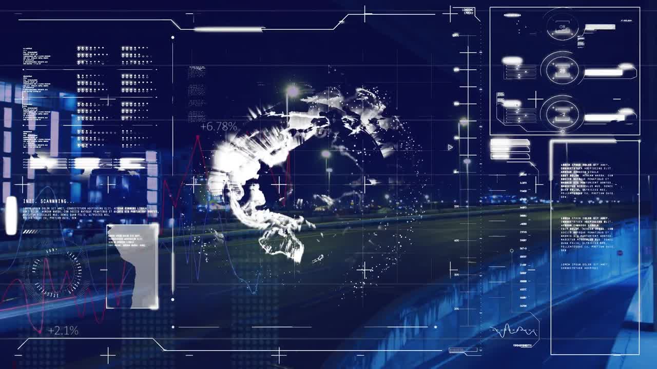 Animation of globe, loading bars and data over time-lapse of moving vehicles on street of city