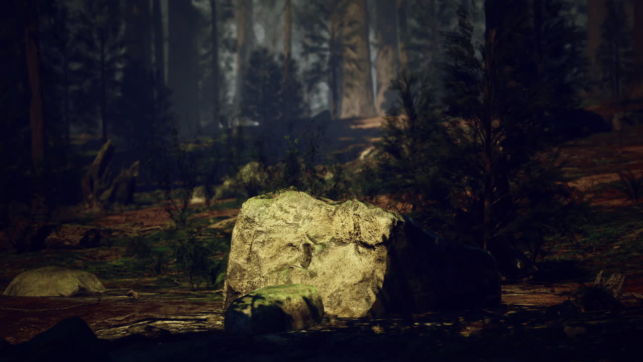 Rocky outcrop illuminated by soft sunlight in a dense forest setting