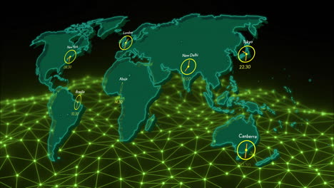mapa del mundo con zonas horarias y relojes animación sobre cuadrícula de red verde