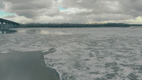 deep frozen river against bank with dense forest on horizon