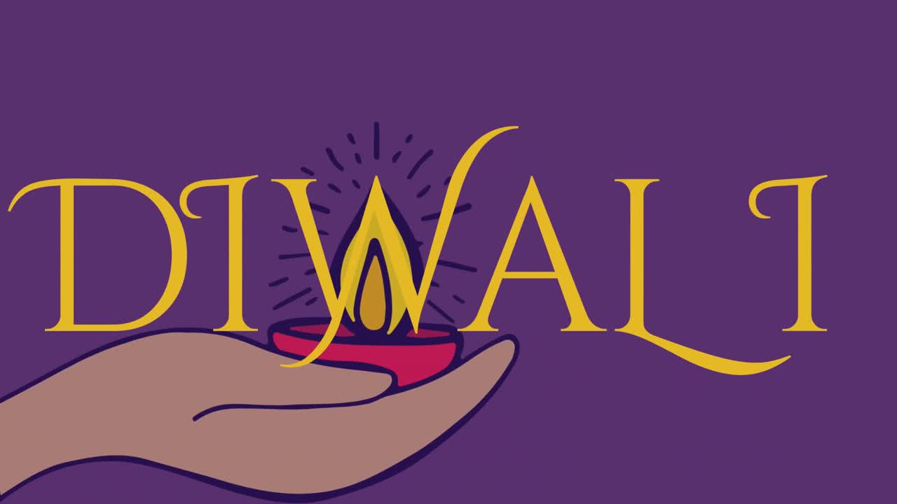 Animation of happy diwali text over traditional candle on purple background