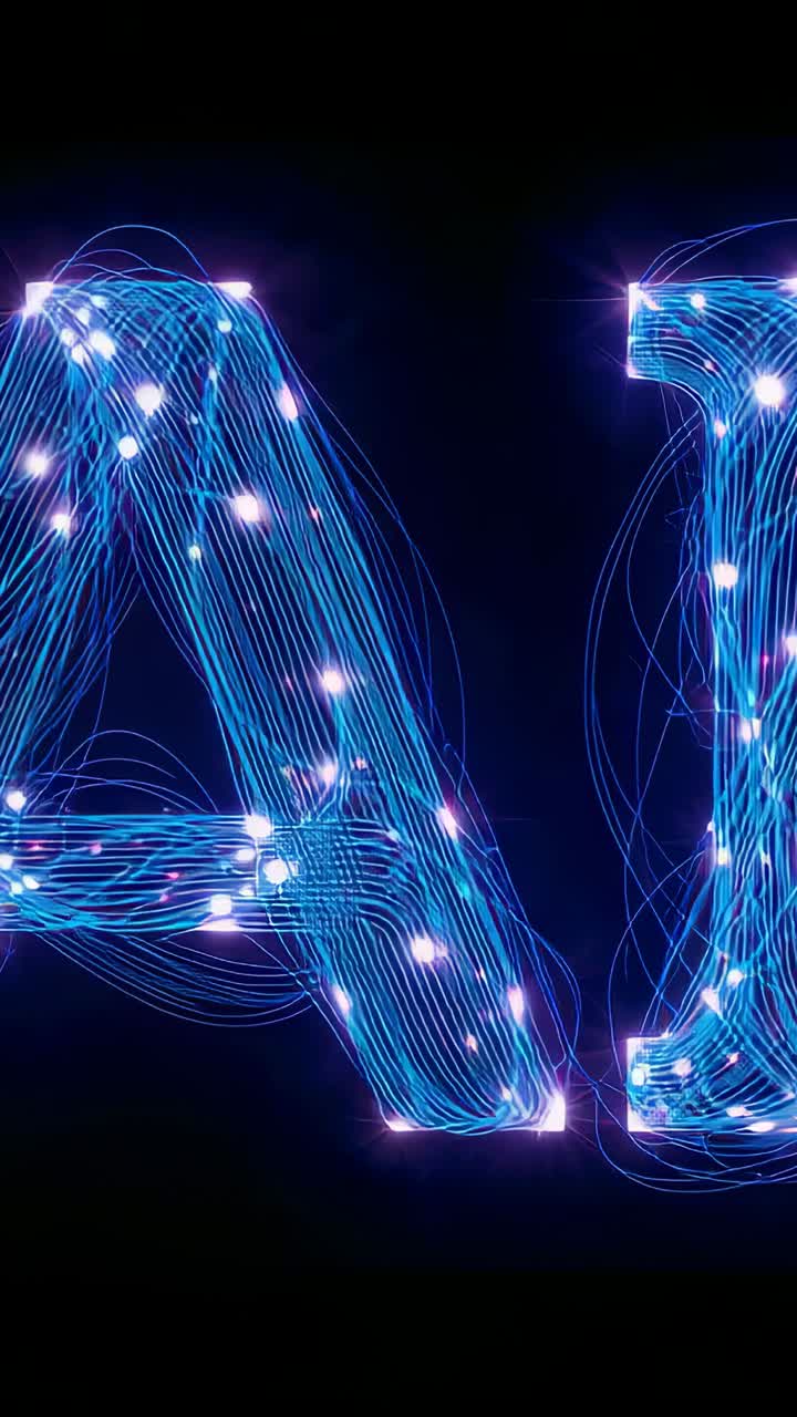 Vertical video: Pulsing AI letters on start, revealing blue trails and moving nodes in black void