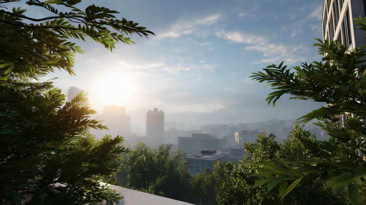 Um horizonte sereno: capturando a beleza do amanhecer enquanto a luz do sol atravessa a paisagem urbana cercada por vegetação exuberante e folhagem vibrante, criando uma atmosfera tranquila, porém revigorante, na cidade