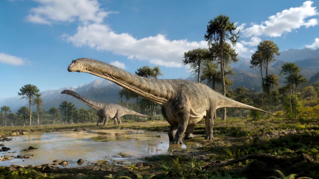 Dos dinosaurios saurópodos caminando por un paisaje prehistórico
