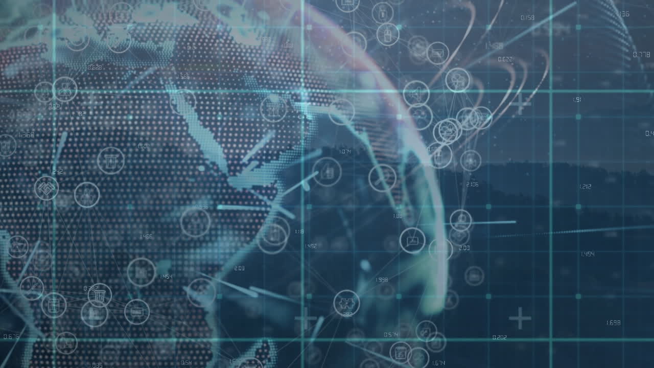 Animation of network of connections with icons over landscape