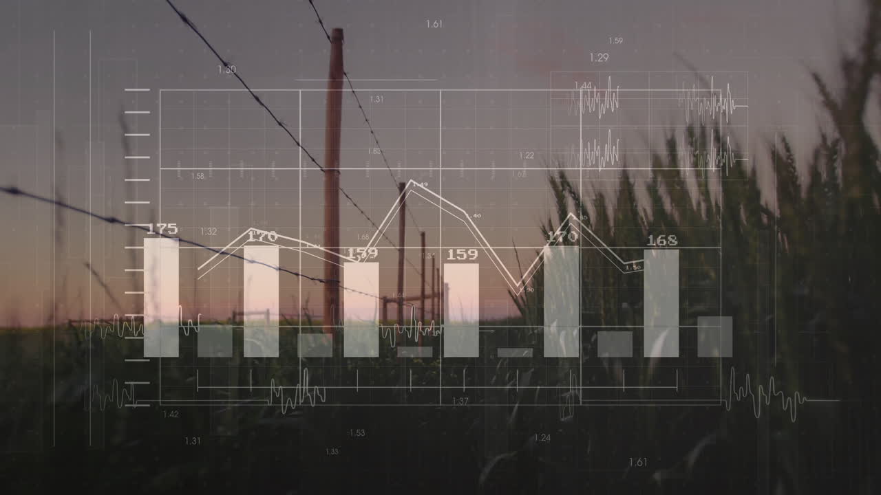 Flat design illustration showing barbed wire fence overlaying bar charts over sunset farmland