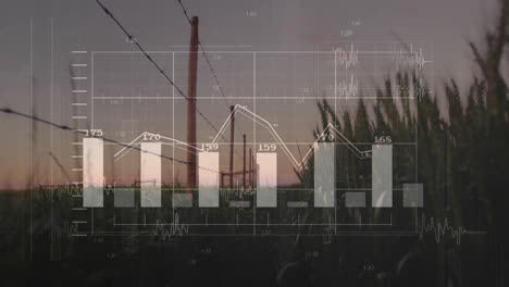 flat design illustration showing barbed wire fence overlaying bar charts over sunset farmland