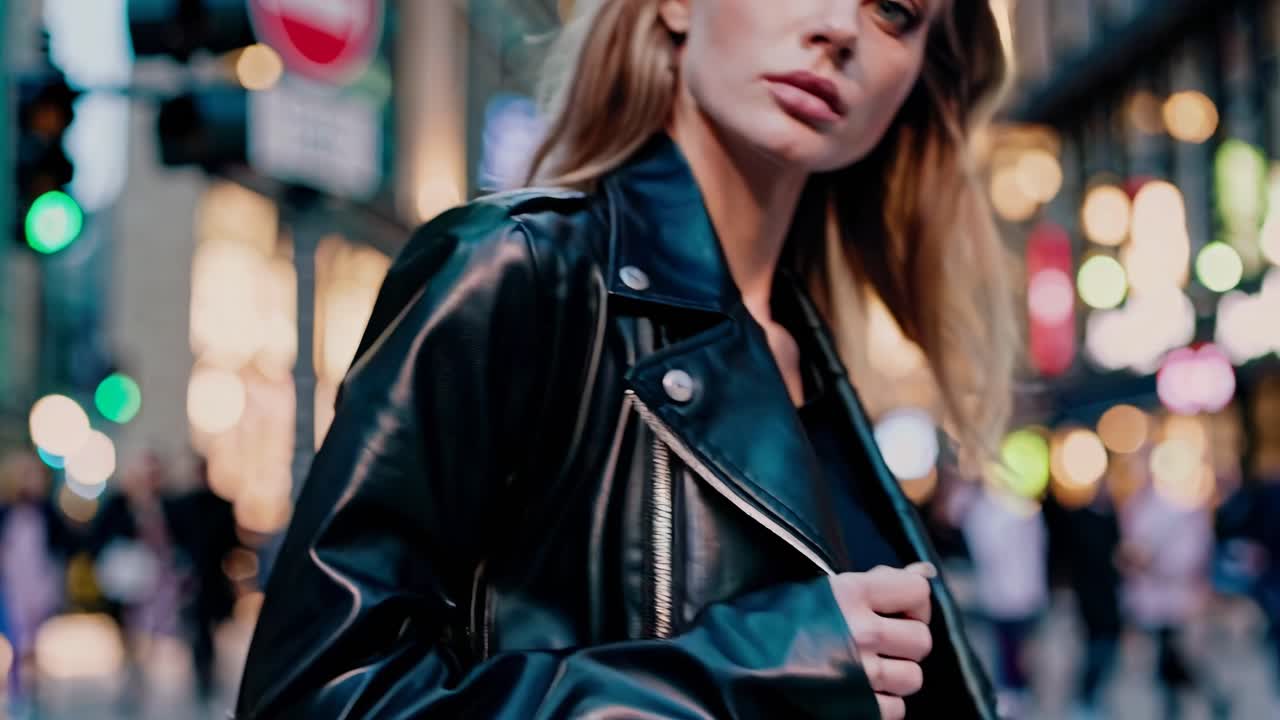 mujer elegante con una chaqueta de cuero por la noche