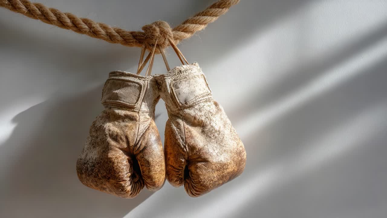A Pair of Vintage Boxing Gloves Hanging from a Rope, Capturing the Essence of Athletic Determination and the Grit of Combat Sports in a Unique Light Setting
