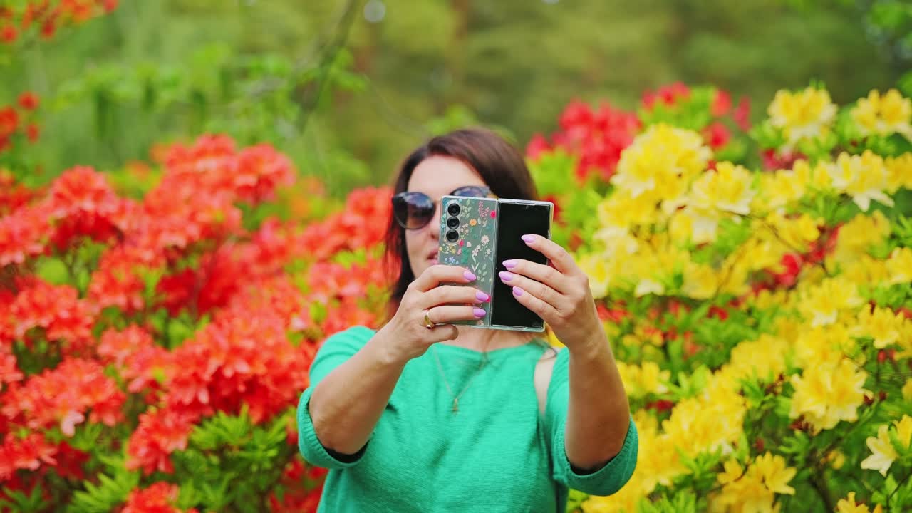 Latvian woman smiles while capturing spring selfie in Babite rhododendron garden