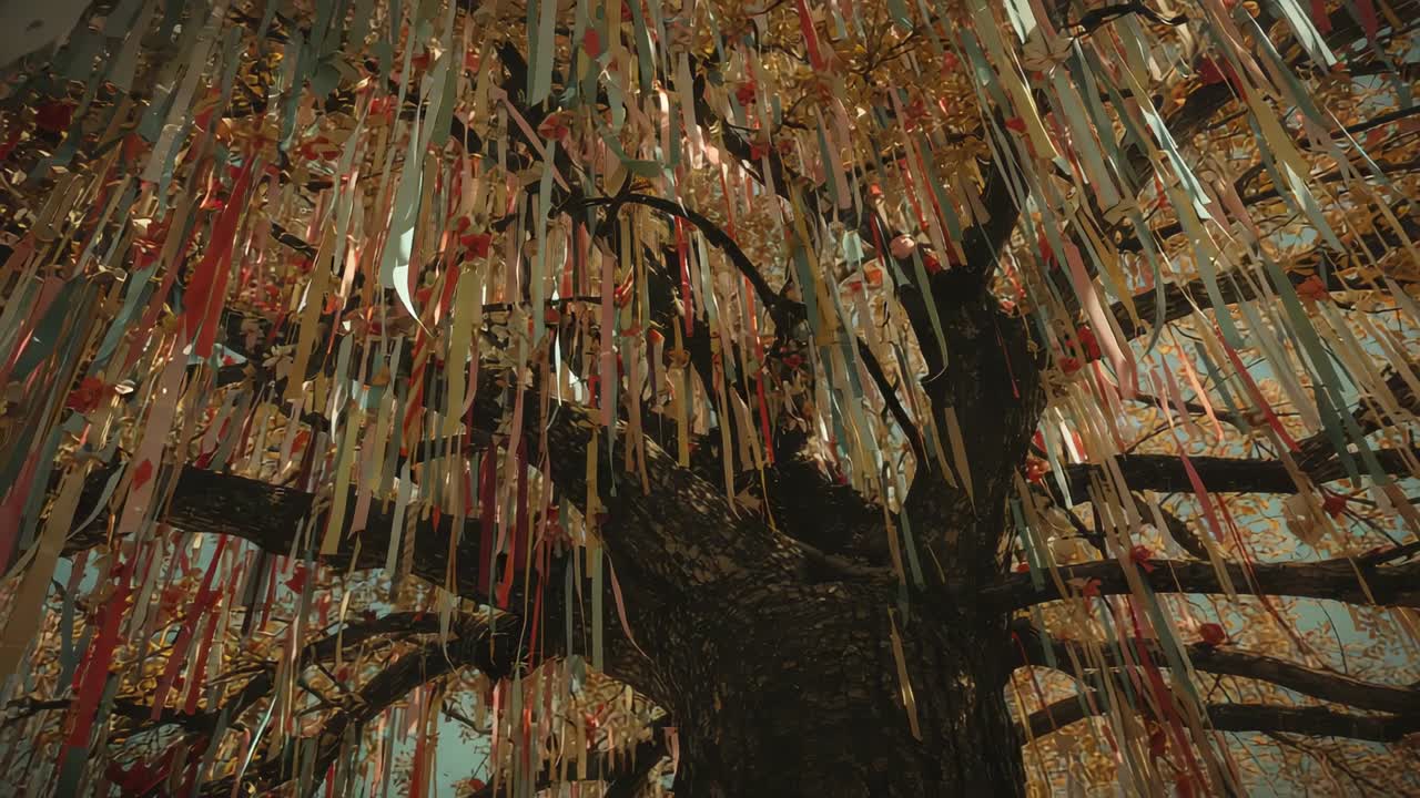 Camera tilting over wishing tree trunk in courtyard, showing swaying ribbons, tags and padlocks
