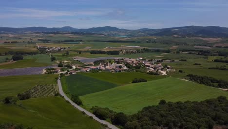 aerial image of a town surrounded by green wheat fields, zooming out