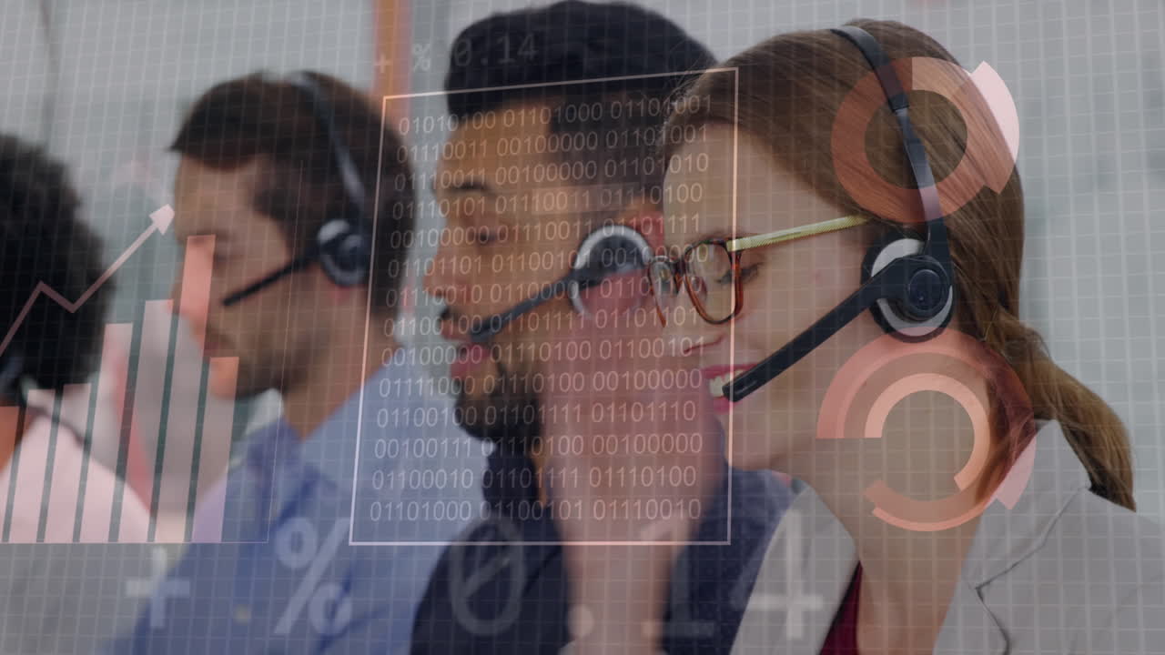 Animation of financial data processing over diverse business people working in office