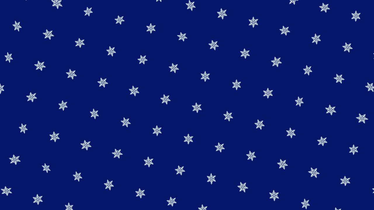 Beautiful white snowflakes moving and rotating on blue background, seamless loop. Animation. Rows of spinning Christmas snowflakes, winter holidays concept.