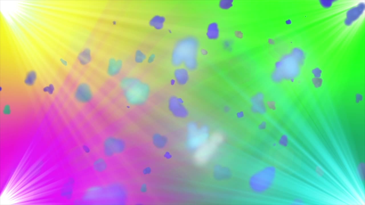 추상적인 다채로운 배경에서 빛의 광선과 입자가 나타납니다.