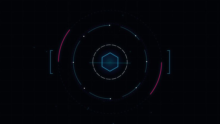 Futuristic Digital HUD Interface with Rotating Hexagon and Circular Elements