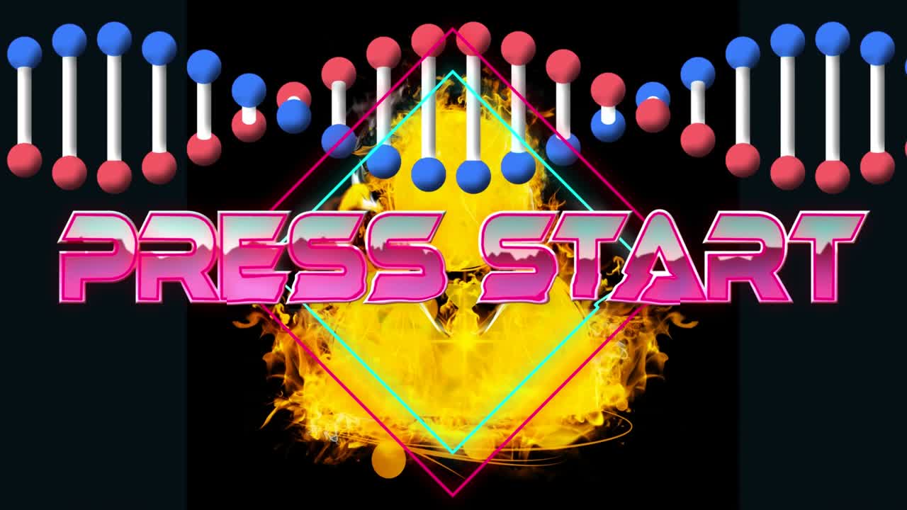 Animation of press start text over dna strand and flames
