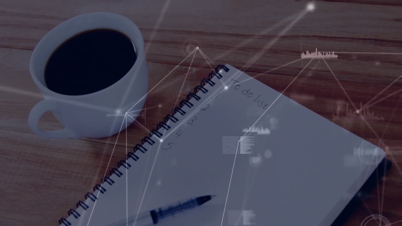 Begynner med å vise kaffekrus og notatbok over pulserende nettverksgrafikk for datavisualisering.