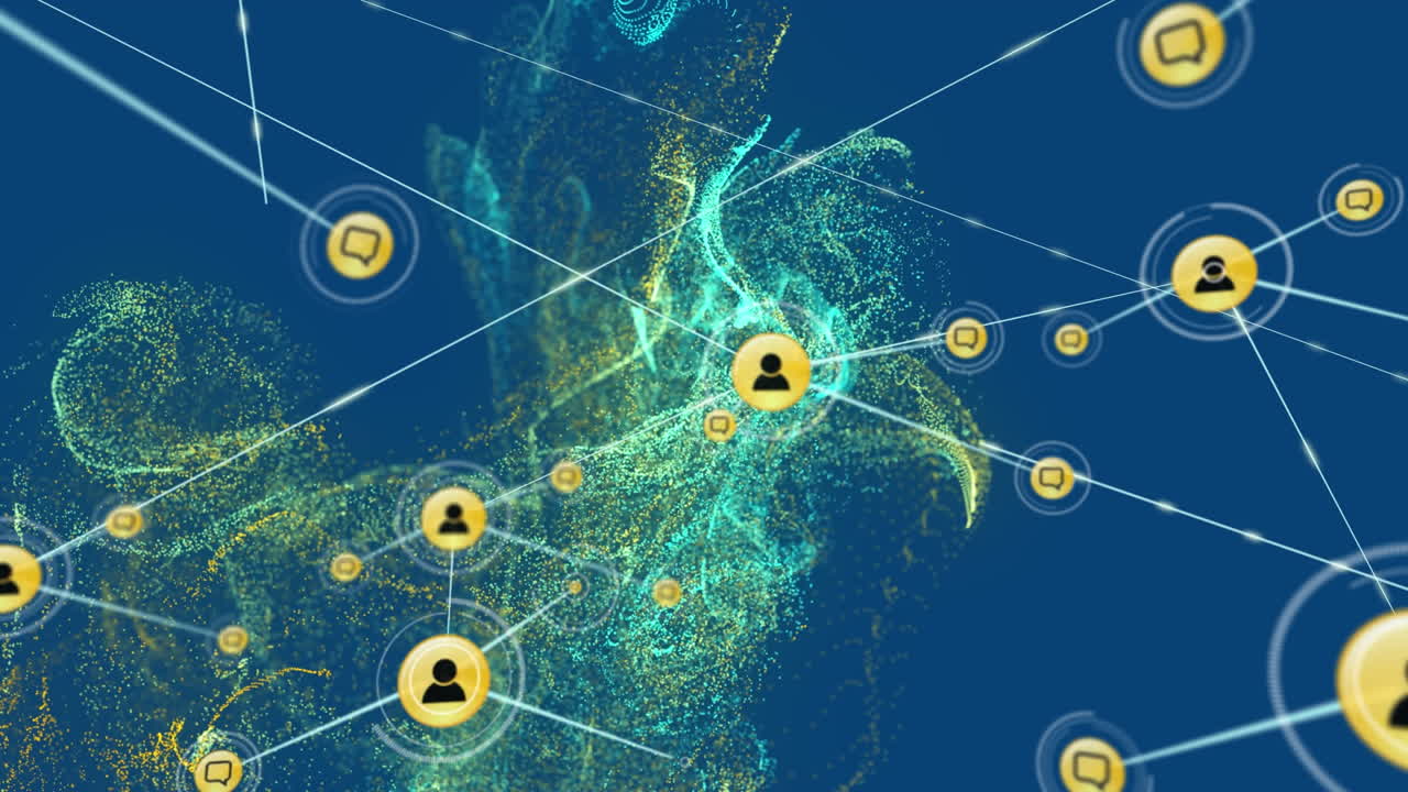 animación de iconos conectados sobre puntos que forman ondas dinámicas contra un fondo azul