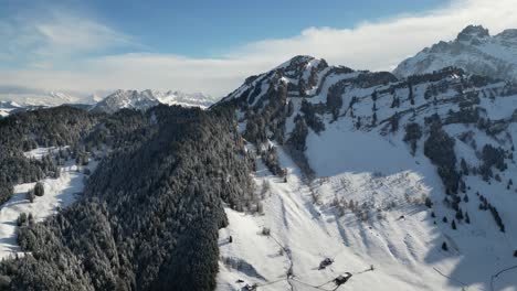 Panorámica-Aérea-A-Través-De-Un-Bosque-Alpino-Cubierto-De-Nieve-Con-Una-Fuerte-Luz-Solar-Que-Provoca-Que-Las-Crestas-Proyecten-Largas-Sombras